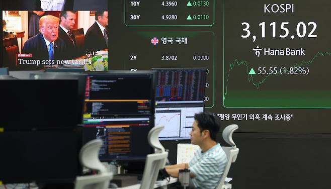 8일 서울 중구 하나은행 본점 딜링룸에 지수와 미국의 상호관세 8월 1일까지 유예 연장 관련뉴스가 나오고 있다. (사진=연합뉴스)