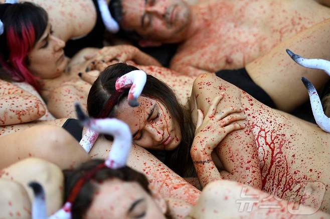 5일(현지시간) 스페인 팜프로나에서 열릴 산 페르민 축제를 앞두고 옷을 벗은 동물보호단체 활동가들이 몸에 피를 묻힌채 '엔시에로'와 투우 경기를 반대하는 시위를 하고 있다.ⓒ AFP=뉴스1