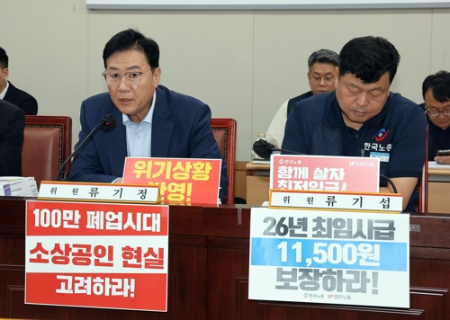 최저임금위원회 사용자위원인 류기정 한국경영자총협회 전무가 8일 정부세종청사에서 열린 최저임금위원회 제10차 전원회의에서 발언하고 있다. 오른쪽은 근로자위원인 류기섭 한국노총 사무총장.    [연합뉴스]