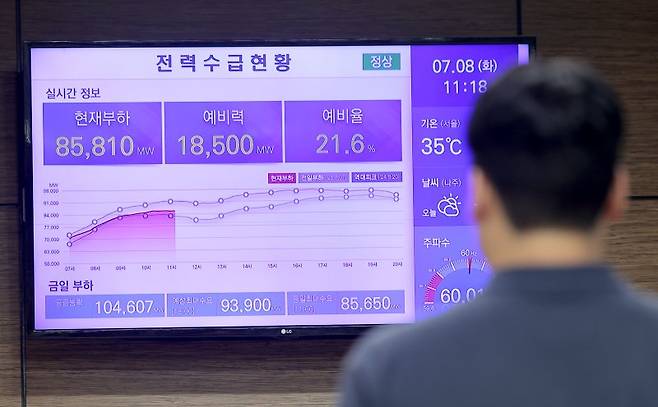 계속되는 폭염으로 최대 전력 수요가 한여름 수준으로 치솟는 가운데 8일 서울 중구 한국전력공사 서울본부 건물 전광판에 이날 전력 수요 현황이 표시되고 있다. 전력거래소의 전력통계정보시스템에 따르면 지난 7일 국내 전력시장 최대전력은 올해 여름들어 최대치인 90.2GW를 기록했다. 전력거래소는 8일 최대 전력 수요를 93.9GW로 전망하고 있다. 연합뉴스