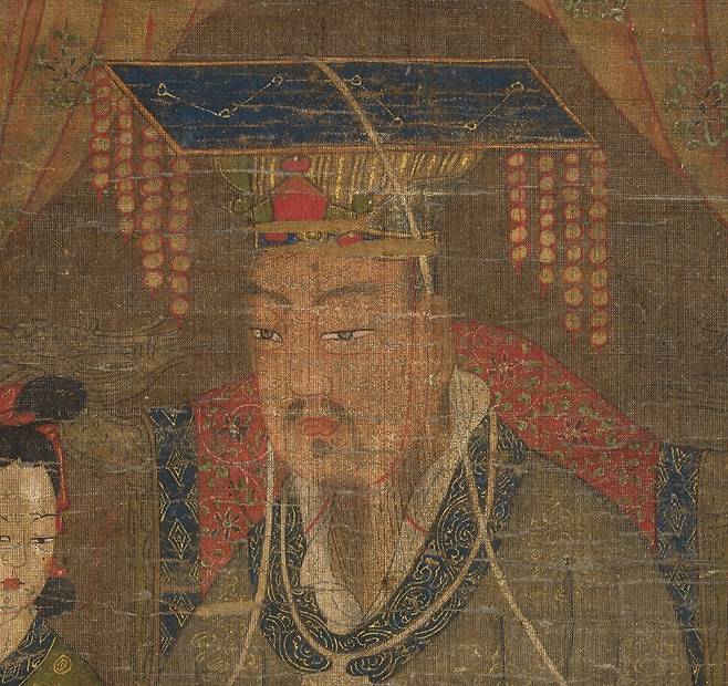 시왕도 10폭 중 5폭 ‘염라왕도’의 염라왕 부분. 왕이 쓴 면류관에 북두칠성 무늬가 보인다. 국외소재문화유산재단 제공