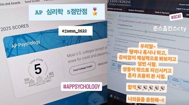 국가대표 축구선수 출신 이천수의 아내 심하은이 12살 딸 주은의 시험 결과를 공개했다. /사진=인스타그램 스토리 캡처