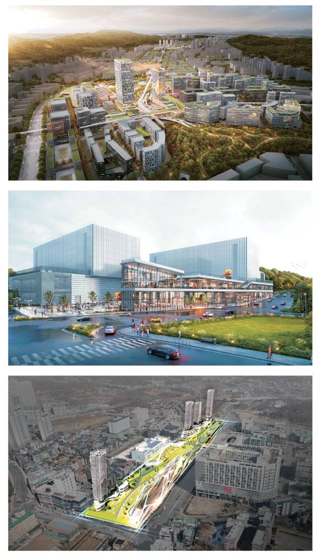 위에서부터 남양주 왕숙신도시 도시첨단산업단지, 카카오 디지털 허브, (가칭)정약용공원 조성사업 추진계획 조감도.  남양주시청 제공