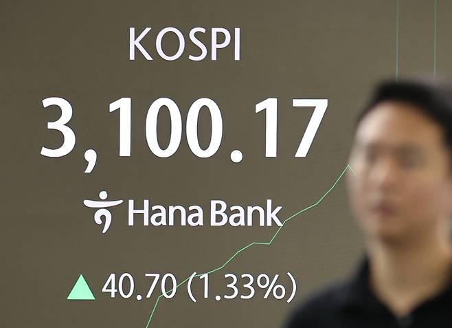 8일 서울 중구 하나은행 본점 딜링룸에서 직원들이 업무를 보고 있다. 이날 코스피는 전장보다 12.27포인트(0.40%) 오른 3071.74로 시작해 9시 20분 현재 3100선을 넘어섰다. [연합]