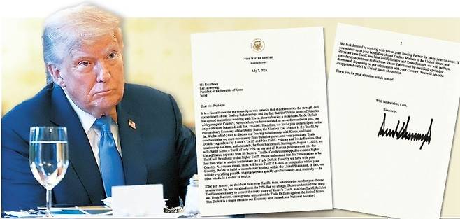 도널드 트럼프 미국 대통령은 7일(현지 시간) 무역 상대국들에 대한 상호관세 부과 유예 시한을 8월 1일로 연장하는 행정명령에 서명했다. 한국의 이재명 대통령 앞으로 발송된 서한. 이는 8월 1일부터 모든 한국산 제품에 25% 상호관세를 부과한다고 통보하는 내용을 담고 있다. [AP]