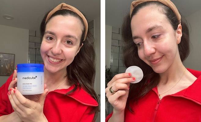 미 뉴욕포스트 기자가 한국 뷰티 기업 메디큐브의 제로모공패드를 직접 체험하는 모습. [뉴욕포스트 캡처]
