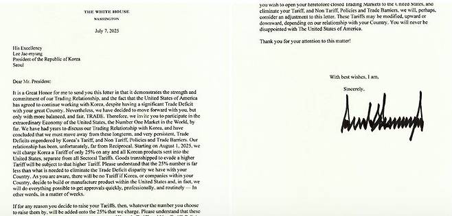 [서울=뉴시스] 도널드 트럼프 대통령이 7일 이재명 대통령에게 보낸 상호 관세 25% 통보 및 추가 협상 의향에 대한 서한.(출처: 트럼프 대통령 트루스소셜) 2025.07.08. *재판매 및 DB 금지