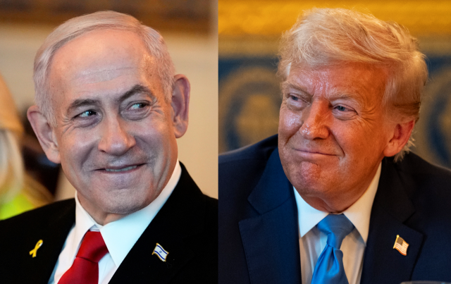 7일(현지 시간) 미국 워싱턴DC 백악관에서 도널드 트럼프(오른쪽) 미국 대통령과 베냐민 네타냐후 이스라엘 총리가 만찬을 즐기고있다./UPI·AP연합뉴스