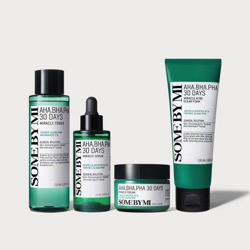 썸바이미 미라클 토너·세럼·크림·폼클렌저 제품. 썸바이미 홈페이지.