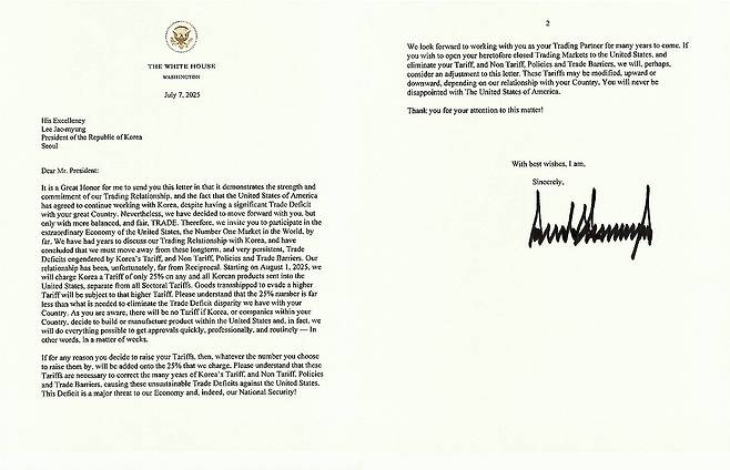 트럼프 대통령이 한국에 보낸 관세 서한 [트럼프 트루스 소셜 캡처. 재판매 및 DB 금지]