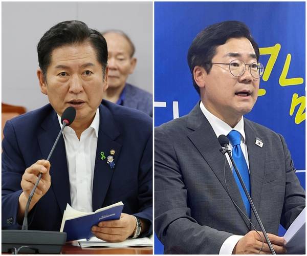 더불어민주당 차기 당 대표 선거에 출마한 정청래 의원이 9일 서울 여의도 국회 의원회관에서 열린 당원 주권 정당개혁 토론회에서 발언하고 있다.(사진 왼쪽) 같은 날 박찬대 의원은 전남 무안군 전남도의회 브리핑룸에서 기자회견을 열고 인사말하고 있다.(사진 오른쪽) 2025.7.9 /연합뉴스