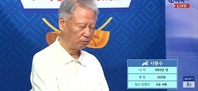서봉수 9단. 대국 전 잠시 명상에 잠긴 듯 눈을 지그시 감고 있다. (사진 바둑TV 화면 캡처)