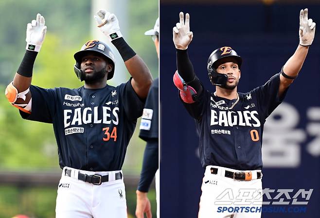 지난 6월 8일 2타점 적시타를 날린 플로리얼(왼쪽). 5일 서울 고척돔에서 열린 KBO리그 키움과 한화의 경기. 9회초 1타점 2루타를 날린 한화 리베라토. 고척=송정헌 기자songs@sportschosun.com/2025.07.05/