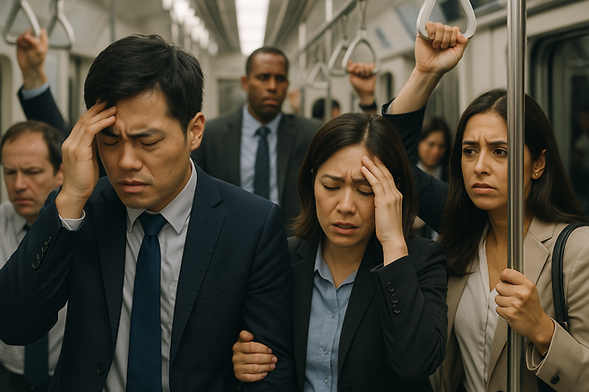 챗GPT 달리가 그린 지하철이 지연돼 힘들어하는 출근길 직장인 이미지