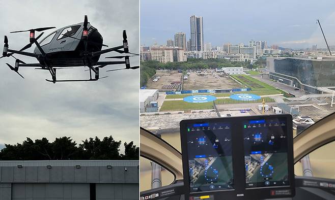 기자를 태운 이항(EHang)사의 무인 전기수직이착륙기(eVTOL) EH216-S가 지난 2일 중국 광둥성 광저우의 이항 본사 인근의 이착륙장에서 하늘로 날아오르고 있다. 오른쪽 사진은 EH216-S에 탑승해 지상을 내려다본 모습.
