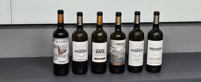 (왼쪽부터) △알레하이렌 크리안자 2022(화이트) △뻬스께라 크리안자 2021 △꼰다도 데 아싸 크리안자 2020 △엘 빈꿀로 레제르바 2020 △뻬스께라 레제르바 2020 △뻬스께라 밀레니엄 그란 레베르자 2018. 박윤희 기자