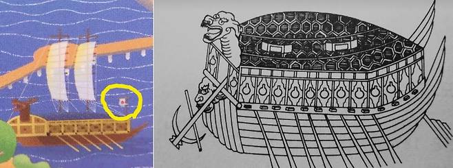 SRT 특실 간식박스 표지에 일장기를 단 거북선이 그려져 있어 논란이 일었다. 오른쪽은 이충무공전서에 수록된 전라좌수영 거북선의 삽화. 서경덕 교수 사회관계망서비스(SNS) 캡처·옥포대첩공원기념관