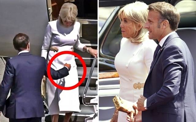 8일(현지시간) 영국을 국빈 방문한 에마뉘엘 마크롱 프랑스 대통령이 전용기에서 내리는 부인 브리지트 마크롱 여사를 에스코트하려 손을 내밀었다가 무시당하는 장면. 오른쪽은 윈저성에 도착한 마크롱 대통령 부부. 2025.7.8 엑스/AP 연합뉴스