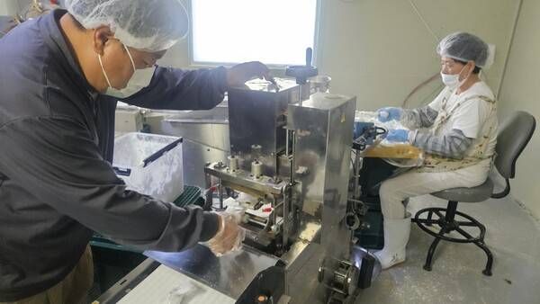 손창모 대장경식품 대표가 율피떡 제품 생산 공정을 살펴보고 있다.&nbsp; &nbsp;/유은상 기자