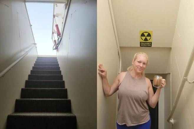 케이틀린이 한 달에 약 68만원을 내고 거주하는 벙커에 들어가려면 계단을 15개나 내려가야 한다. [사진=SNS]