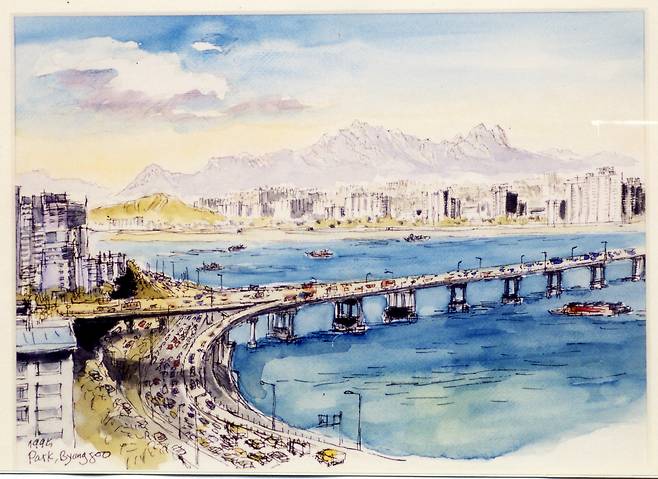 박병주, 서울특별시 도시경관 특징 기록화 (영동대교), 1995, 25×34cm, 종이에 펜, 수채, 서울시립미술관 소장 (서울시립미술관 제공)