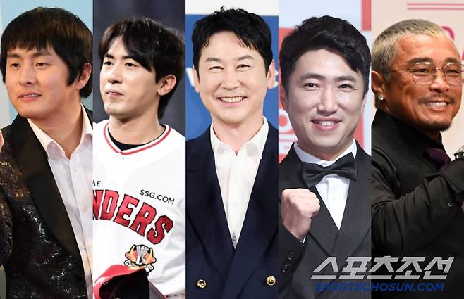 제4회 BSA 남자예능인상 후보 5인. 기안84, 김원훈, 신동엽, 장동민, 추성훈(왼쪽부터). 사진=스포츠조선DB