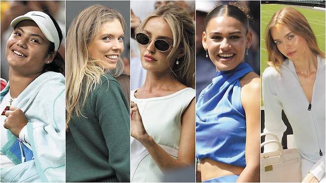 윔블던에선 코트 밖에서도 ‘러브(love) 게임’이 뜨겁다. 왼쪽부터 카를로스 알카라스와 교제설이 터진 테니스 선수 에마 라두카누, 알렉스 디미노어의 여자 친구 테니스 선수 케이티 볼터, 테일러 프리츠의 연인 인플루언서 모건 리들, 벤 셸턴의 여자 친구 트리니티 로드먼, 얀니크 신네르와 열애설이 난 패션 모델 라일라 하사노비치./AP·로이터 연합뉴스, 인스타그램