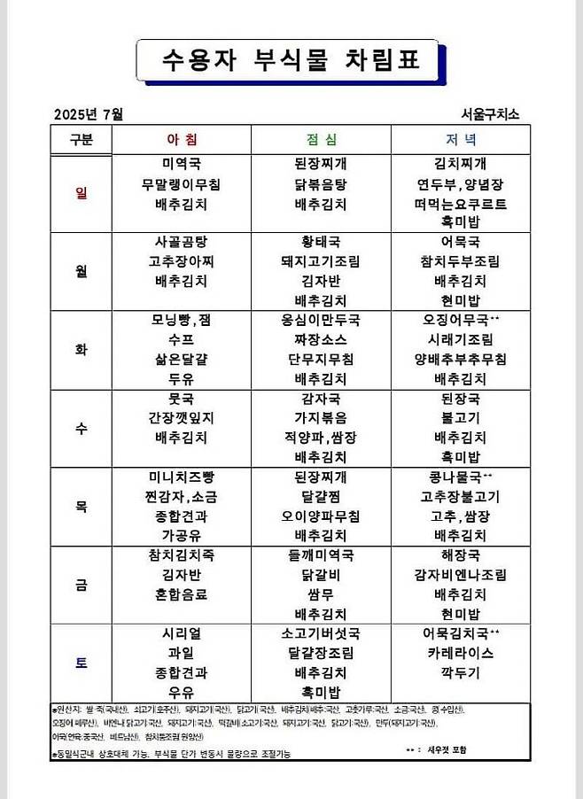 서울구치소 식단표/사진=이데일리