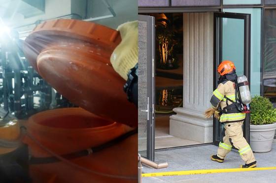 차아염소산나트륨 누출된 인천의 한 아파트 수영장 기계실 모습(왼쪽)과 현장에서 작업 중인 소방관. 사진 인천소방본부