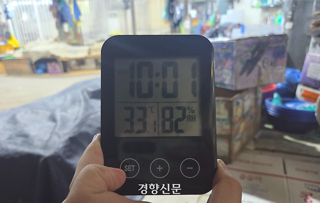 지난 8일 서울 동대문구 경동시장 광성상가 안에서 기자가 온도습도계를 들고 있다. 이날 오후 10시쯤 시장 내부 온도는 33.1도, 습도는 82%RH까지 올랐다. 보통 40~60%RH가 쾌적한 정도의 습도다. 우혜림 기자
