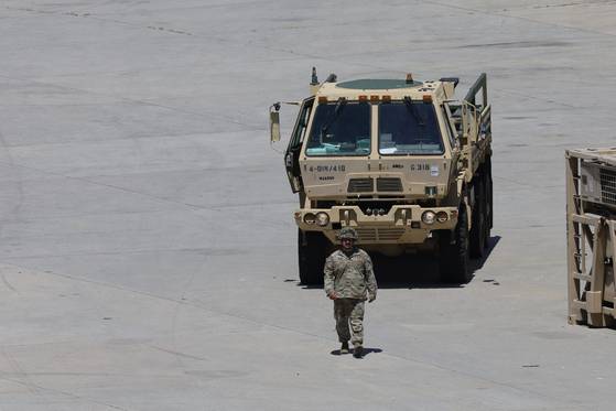 U.S. military vehicles are parked at the U.S. military base in Dongducheon, Gyeonggi, on July 10. [YONHAP]