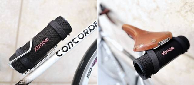 LG '엑스붐 그랩' 크기는 일반 500㎖ 생수병과 비슷해 보통 자전거의 물통 거치대에 딱 맞게 들어간다. 제품에 부착된 스트랩으로 자전거 안장에 단단히 고정하는 것도 가능하다. 방수 기능이 있어 갑작스러운 우천에도 끄떡없다.