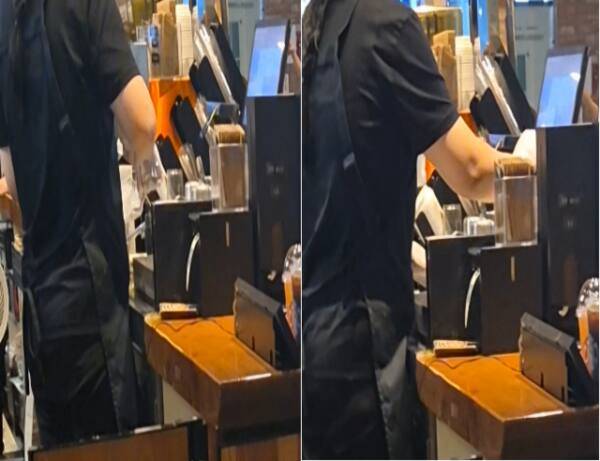 (왼쪽부터)위생장갑을 낀채 얼음을 스쿱에 담는 매니저, 얼음 담은 위생장갑 그대로 모니터를 터치하는 매니저. 한양경제DB