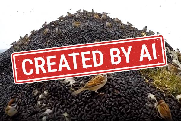 ▲최근 다수 언론에서 인용하거나 캡쳐 이미지를 사용한 '러브버그 먹는 참새' 영상은 생성형 영상 AI 'veo'로 만들어진 가짜 영상으로 나타났다. 위 사진은 문제의 영상 캡처본에 AI로 만들어졌다는 표시를 더한 이미지.