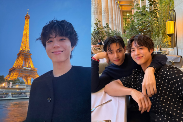 배우 박보검이 셀린느 행사에 참석해 BTS 뷔(오른쪽 사진 왼쪽)와 함께 사진을 촬영했다. / 박보검 인스타그램