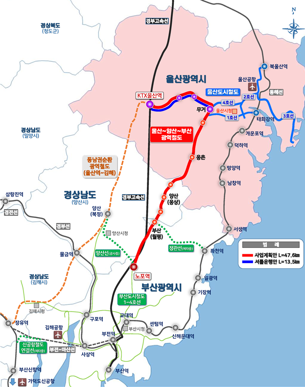 기획재정부의 예비타당성 조사를 통과한 울산~양산~부산 광역철도 노선도 [울산시 제공]