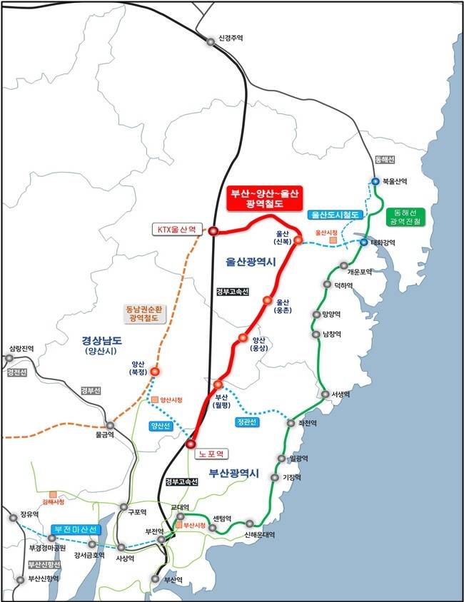 부산∼양산∼울산 광역철도 노선도. 부산시 제공