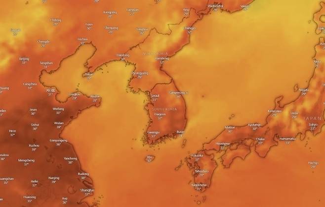 한반도 폭염 열대야 이미지. 윈디 캡처 (6일 12:00 기준)