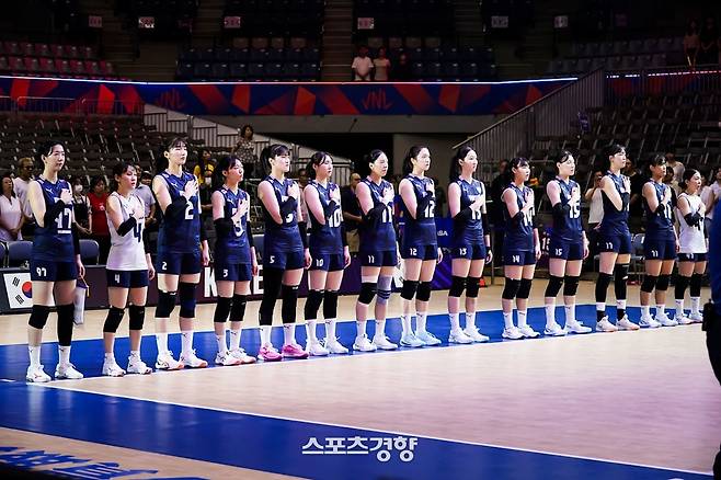 한국 여자배구 대표팀이 9일 일본 지바에서 열린  2025 국제배구연맹(FIVB) 발리볼네이션스리그(VNL) 3주 차 첫 경기 폴란드전을 앞두고 애국가가 나오자 국민의례를 하고 있다. VNL 홈페이지