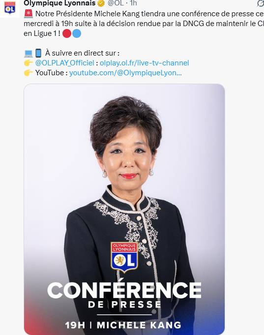 미셸강 회장의 올림피크 리옹 잔류 기자회견 소식을 알린 구단 공식 채널. /사진=올림피크 리옹 공식 사회관계망서비스(SNS) 갈무리