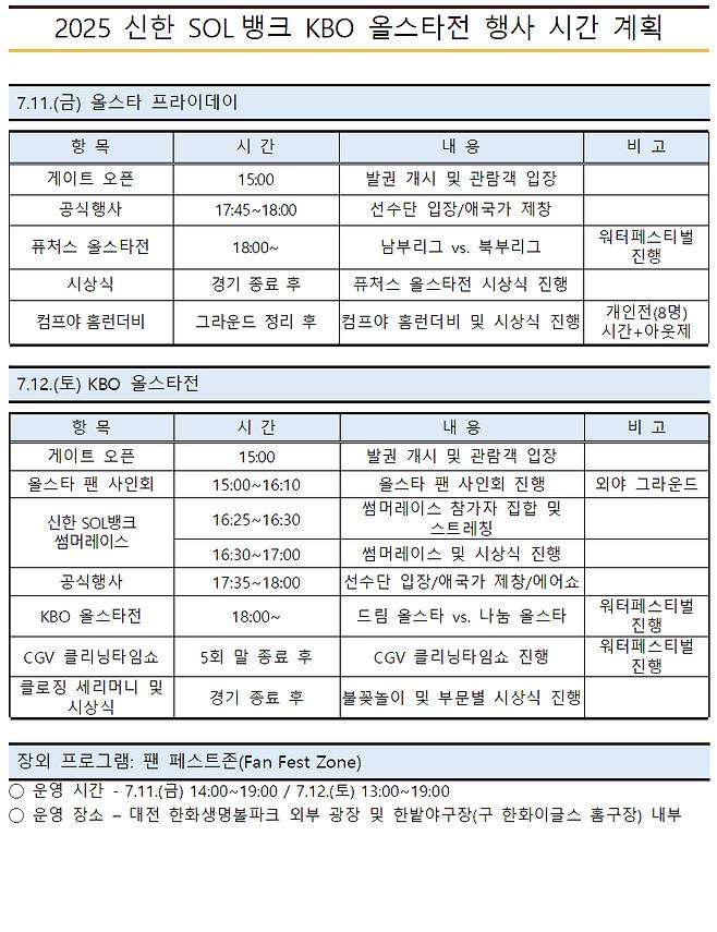 2025 신한 SOL뱅크 KBO 올스타전 행사 시간 계획. /표=KBO 제공