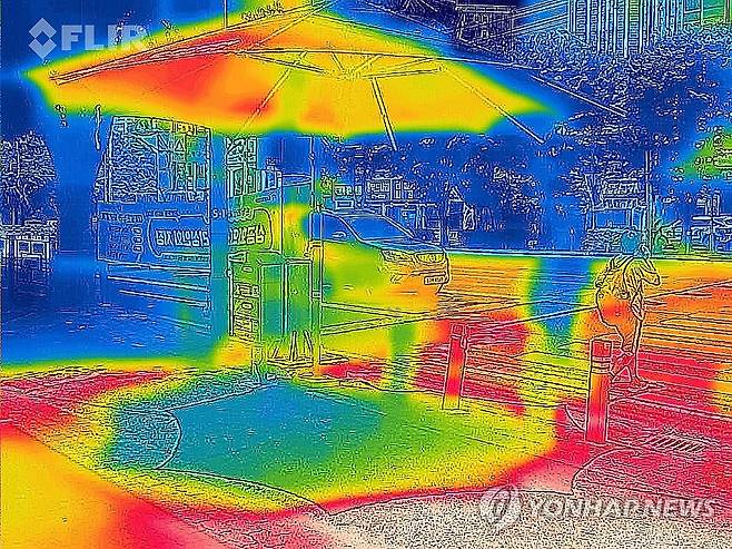 숨통 트이는 횡단보도 그늘막 (광주=연합뉴스) 정다움 기자 = 낮 최고기온이 36.7도까지 올라 7월 상순 기온값 신기록이 세워진 지난 9일 오전 광주 서구 한 횡단보도 앞에 설치된 파라솔형 그늘막을 열화상 카메라로 촬영한 모습. 온도가 낮은 곳은 푸르게, 높은 곳은 붉게 표시돼 있다. 2025.7.10 daum@yna.co.kr