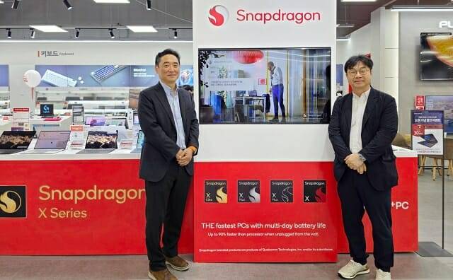 스냅드래곤 X 시리즈 PC존. 퀄컴 김상표 부사장(좌), 롯데하이마트 김보경 상품본부장(우) (사진=퀄컴)