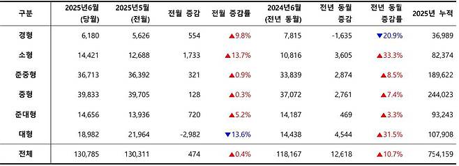 2025년 6월, 차급별 신차 등록 대수 / 출처=카이즈유데이터연구소