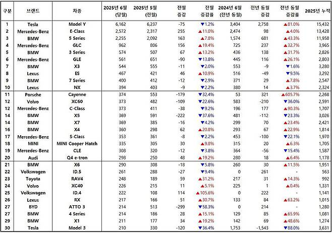 2025년 6월, 수입 차량 모델별 신차등록 대수 / 출처=한국수입자동차협회