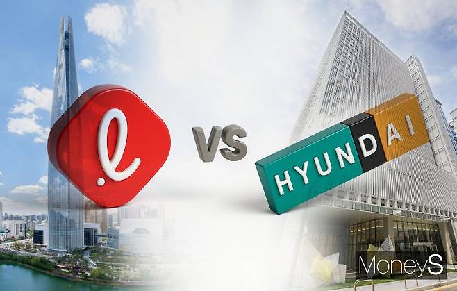 유통가에서 롯데지주와 현대지에프홀딩스의 자사주 비율이 각각 27.5%와 0%로 차이를 보여 업계의 이목을 끌고 있다. /그래픽=김은옥 기자