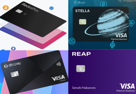 스테이블코인 카드. (왼쪽 위부터) 리닷페이 카드, 스텔라 코인 카드, Dtc페이 카드, 립페이 카드.  [각사 홈페이지]