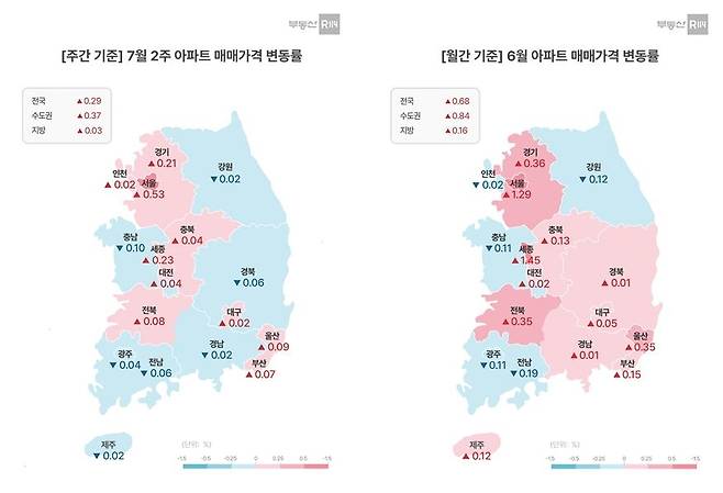 7월 2주 아파트 매매가격 변동률. [부동산R114 제공]