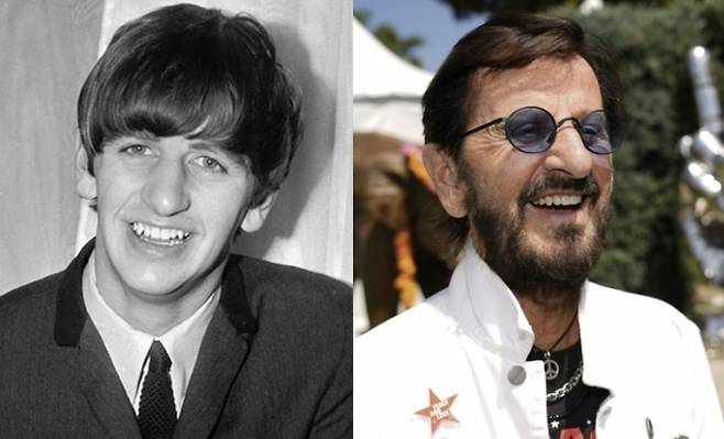 영국의 전설적인 록 밴드 ‘비틀즈’의 드러머 링고 스타(왼쪽)의 비틀즈 활동 당시 모습. 오른쪽은 지난 7일(현지시간) 85번째 생일을 맞은 링고 스타. 자료 : 링고 스타 SNS·AP 연합뉴스