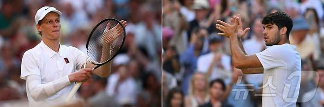 프랑스오픈 결승에 이어 윔블던 결승에서도 만나게 된 신네르(왼쪽)와 알카라스. ⓒ AFP=뉴스1